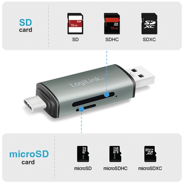 LogiLink USB 3.2 Gen1 Card Reader, SD Micro SD, alu