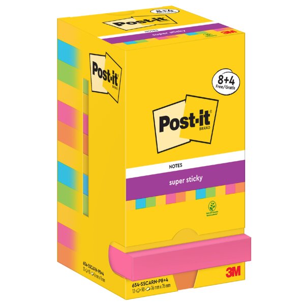Post-it super sticky notes Haftnotizen, 76 x 76 mm, 8+4