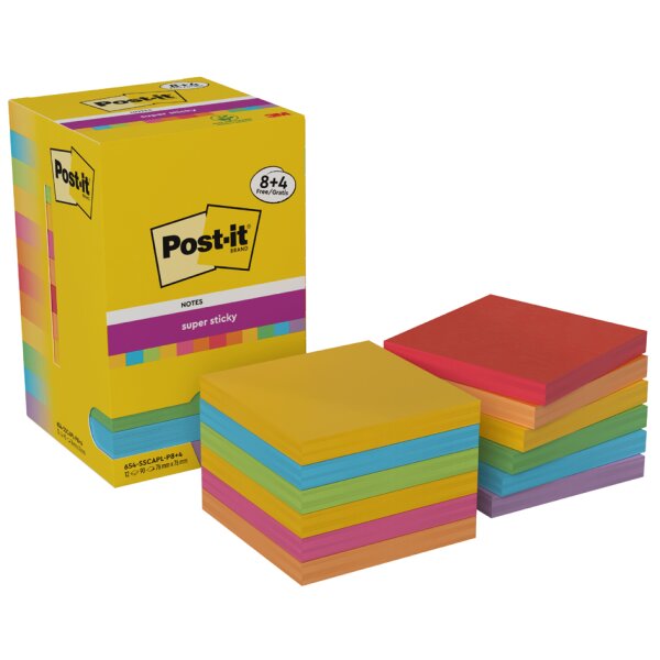 Post-it Bloc-note adhésif super sticky notes, 76x76 mm, 8+4
