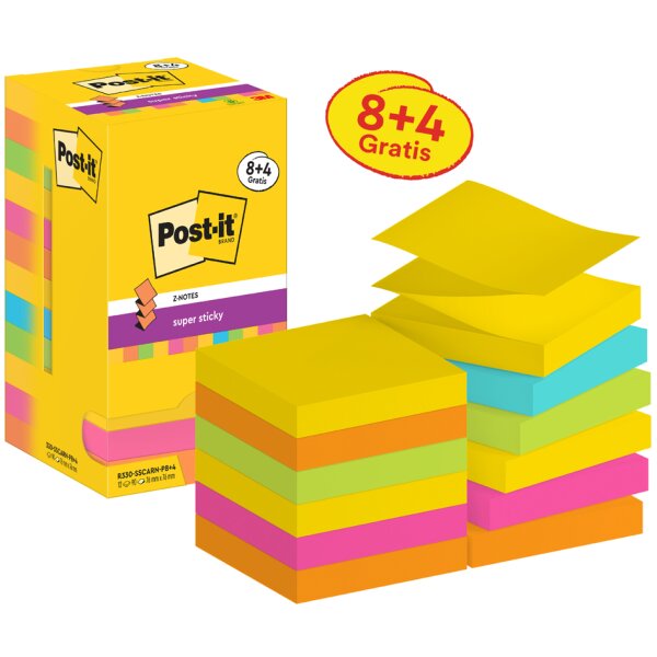 Post-it Bloc-note super sticky z-notes, 76 x 76 mm, 8+4