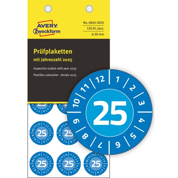 AVERY Zweckform Pastille calendrier 2025 NoPeel, 20 mm, bleu