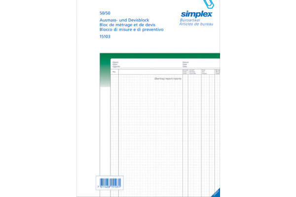 SIMPLEX Livre mesurage A4 15103 vert/blanc 50x2 feuilles