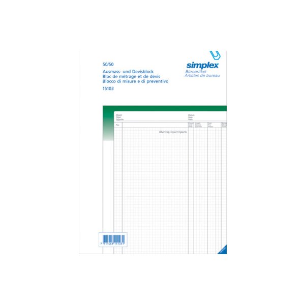 SIMPLEX Ausmassbuch A4 15103 grün/weiss 50x2 Blatt