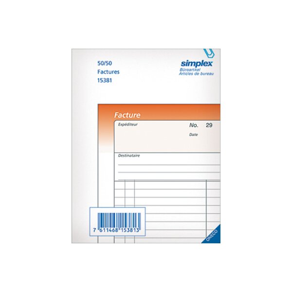 SIMPLEX Factures F A6 15381F orange/blanc 50x2 feuilles