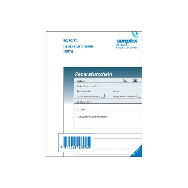 SIMPLEX Reparaturscheine F A6 15575 grau/blau 50x3 Blatt