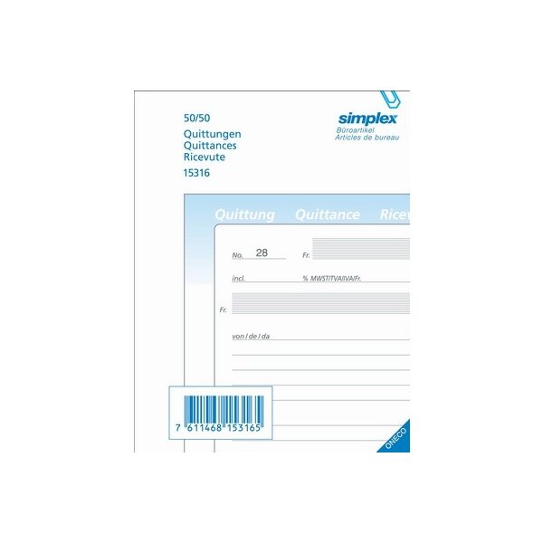 SIMPLEX Quittances A/F/I A6 15316 papier autocopiante 50x2 flls.