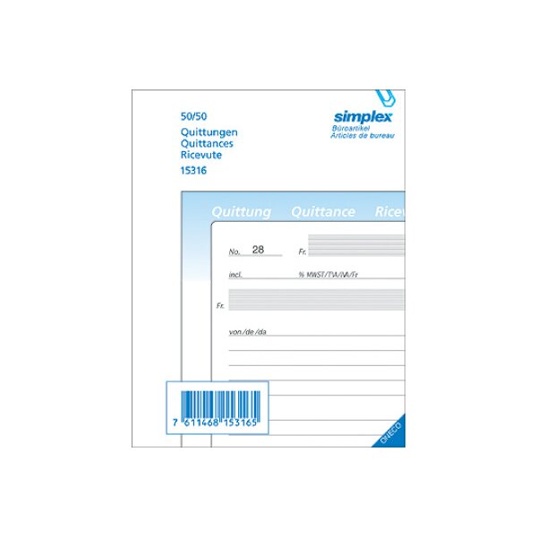 SIMPLEX Quittance D/F/I A6 15317 bleu/blanc 50x2 feuilles