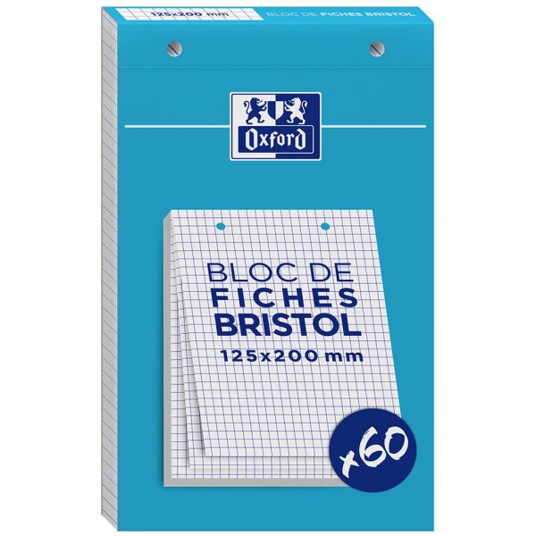 Oxford Bloc de fiches bristol, 125 x 200 mm, quadrillé,blanc