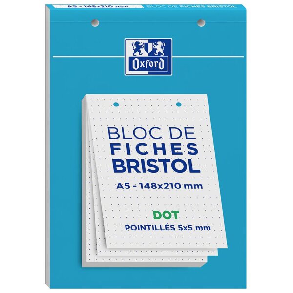 Oxford Bloc de fiches bristol, A5, quadrillé, blanc