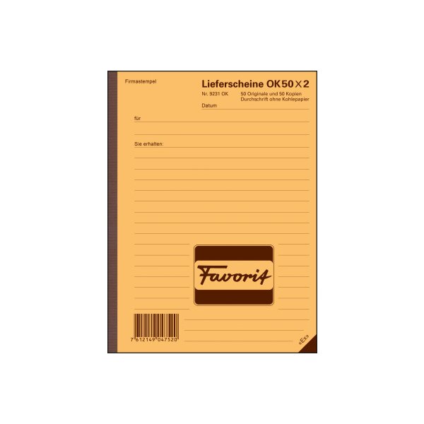 FAVORIT Formularbuch Lieferscheine A5 9231 OK Durchschreibepapier 50x2 Blatt