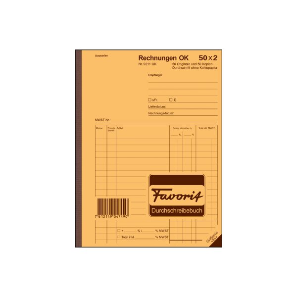 FAVORIT Formularbuch Rechnungen A5 9211 OK Durchschreibepapier 50x2 Blatt