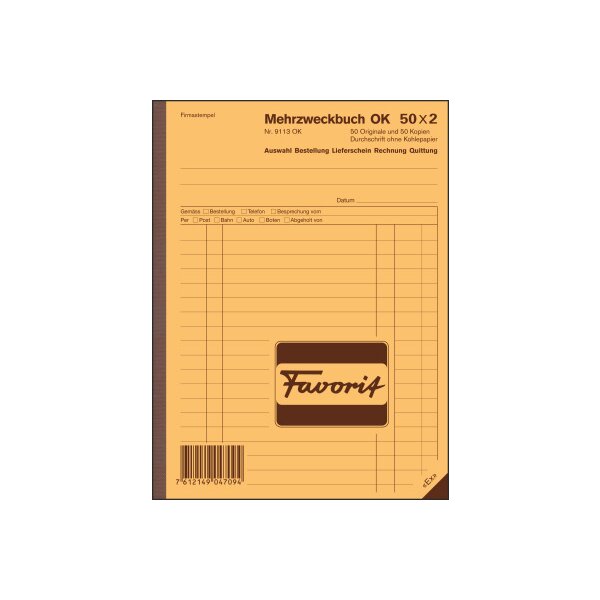 FAVORIT Mehrzweckbuch Deutsch A5 9113 OK Durchschreibepapier 50x2 Blatt