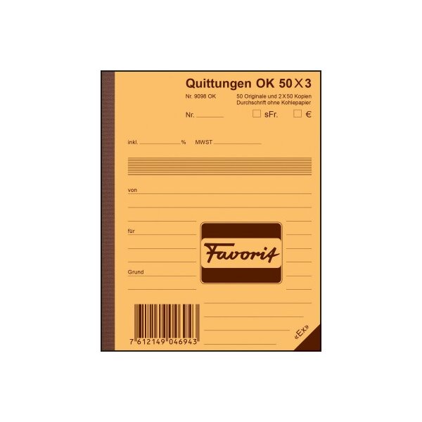 FAVORIT Bloc-notes form. Quittance A6 9098 OK papier autocopiant 50x3 flls.