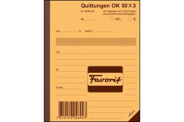 FAVORIT Bloc-notes form. Quittance A6 9098 OK papier autocopiant 50x3 flls.