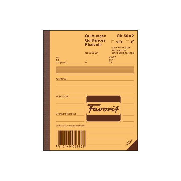 FAVORIT Quittungen D/F/I A6 8096OK blau/weiss 50x2 Blatt