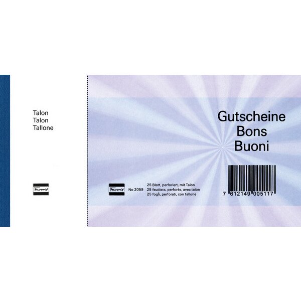 FAVORIT Geschenk-Gutscheine D/F/I 2059blau blau,20.5x10.5cm,Block à 25Bl.