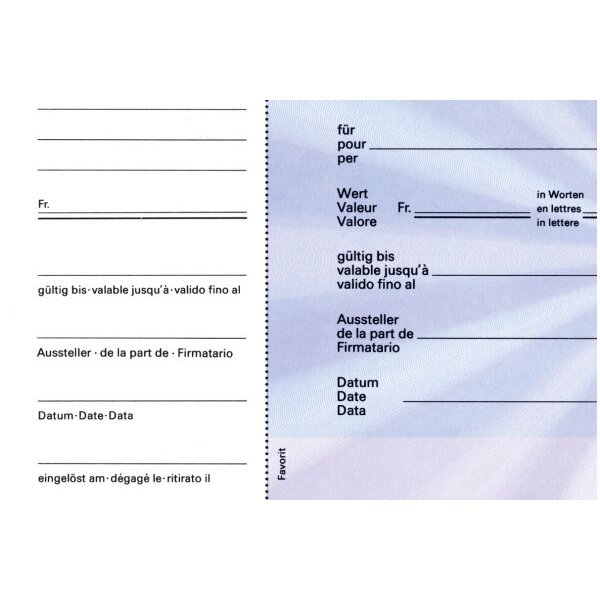 FAVORIT Geschenk-Gutscheine D/F/I 2059blau blau,20.5x10.5cm,Block à 25Bl.