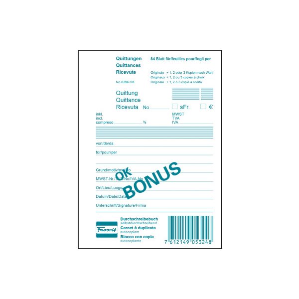 FAVORIT Quittungen OK BONUS D/F/I A6 8396 OK Durchschreibepapier 84 Blatt