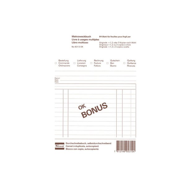 FAVORIT Livre usage multi. OK BONUS A5 8313 OK papier autocopiant 84 flls.