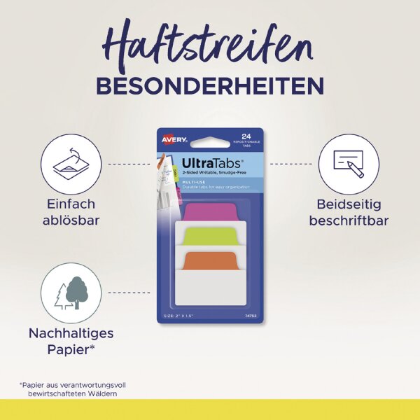 AVERY Zweckform Haftstreifen UltraTabs Pastell, 63,5 x 25 mm