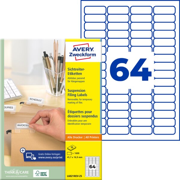AVERY Zweckform Stick+Lift Sichtreiter-Etiketten, weiss