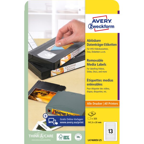 AVERY Zweckform Stick+Lift Etiketten, 63,5 x 8,5 mm, weiss