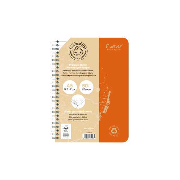 CLAIREFONTAINE Cahier spirale Forever A5 68416C ass., lign&eacute; 60 feuil.