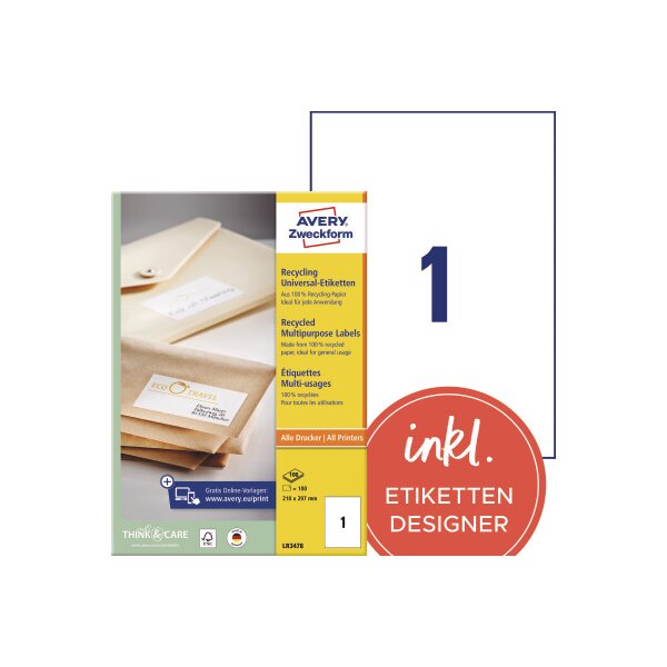 AVERY ZWECKFORM Etiketten 210x297mm LR3478 recycling 100 Stück