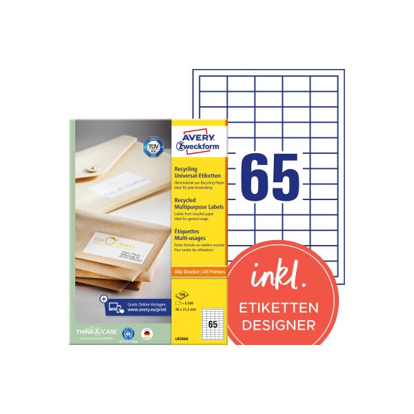 AVERY ZWECKFORM Etiketten 38x21,2mm LR3666 recycling 6500 Stück