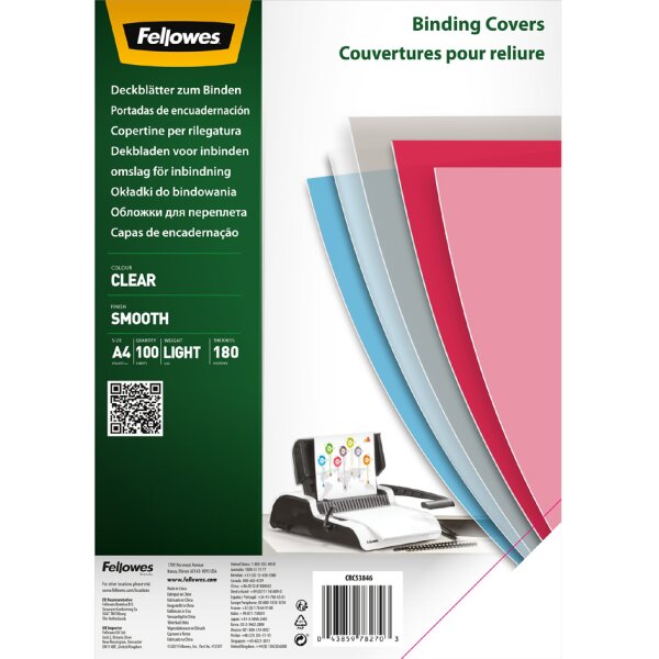 Fellowes Couverture, A4, PET, transparent, 0,18 mm