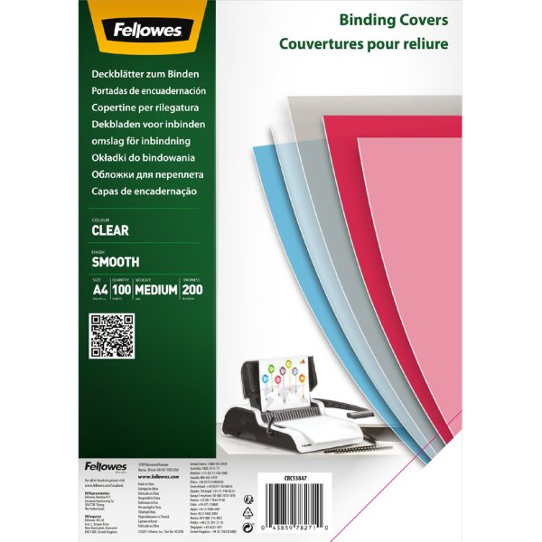 Fellowes Couverture, A4, PET, transparent, 0,18 mm