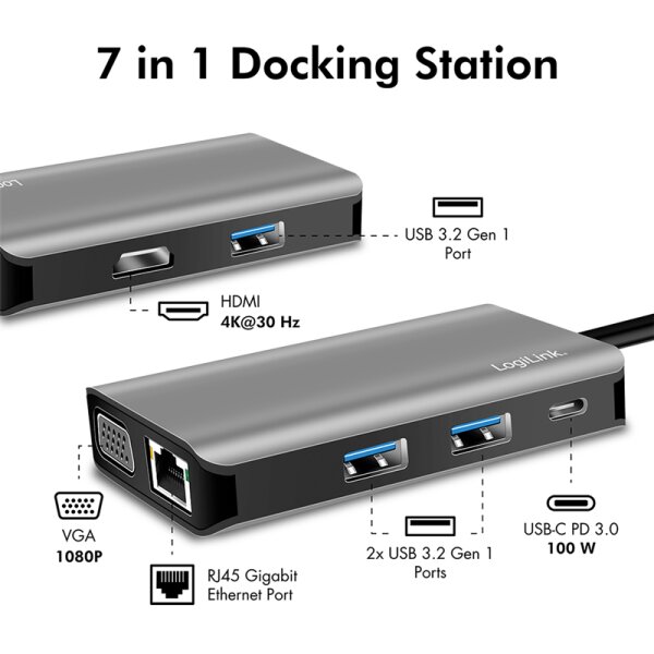 LogiLink USB 3.2 (Gen 1) Docking-Station, USB-C, 7-Port