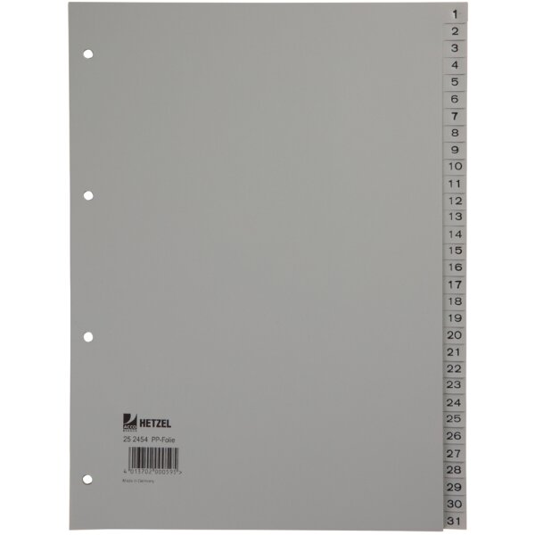HETZEL Kunststoff-Register, Zahlen, A4, 1-6, PP, grau