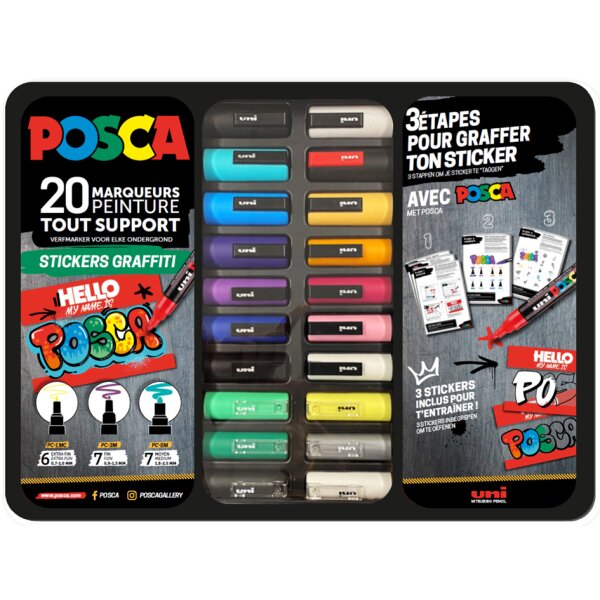 POSCA Marqueur &agrave; pigment STICKERS GRAFFITI, mallette m&eacute;tal