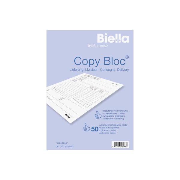 BIELLA Bul.livr. COPY-BLOC D/F/I/E A5 51252500U autocopiante 50x2 feuilles