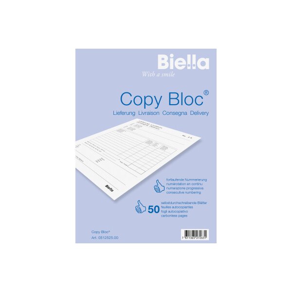 BIELLA Bul.livr. COPY-BLOC D/F/I/E A5 51252500U autocopiante 50x2 feuilles