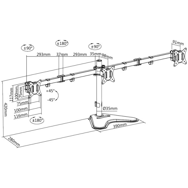 LogiLink Support triple écran avec socle, noir,