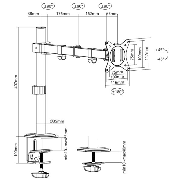 LogiLink Support décran, longueur du bras: 376 mm, noir