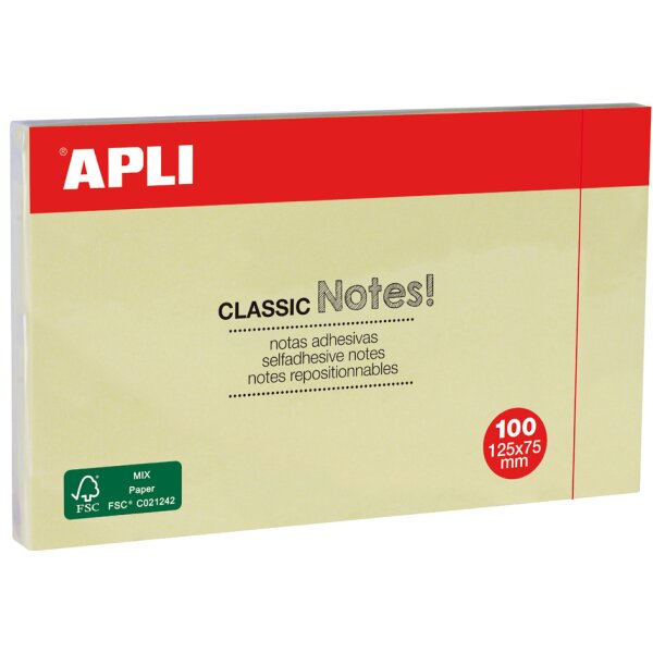 APLI Notes adhésives CLASSIC Notes!, 125 x 75 mm, jaune