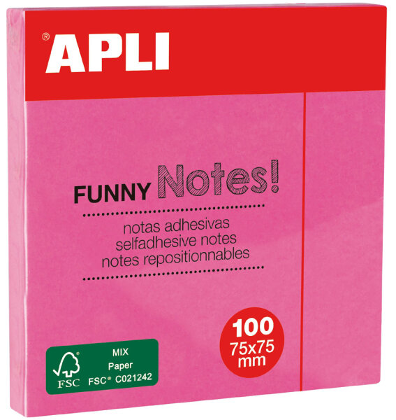 APLI Notes adhésives FUNNY Notes!, 75 x 75 mm, rose fluo