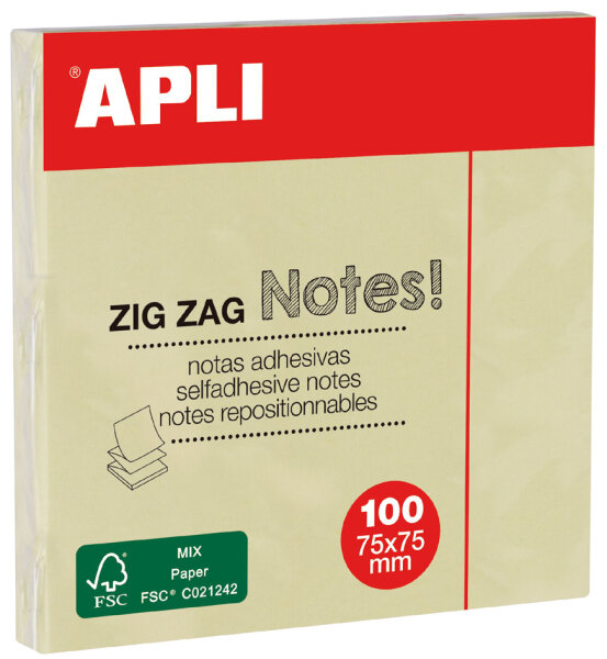 APLI Haftnotizen "ZIG ZAG Notes!", 75 x 75 mm, gelb