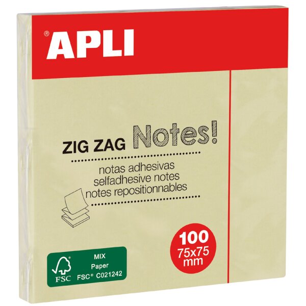 APLI Haftnotizen "ZIG ZAG Notes!", 75 x 75 mm, gelb