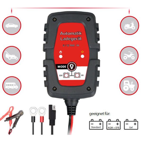 IWH Chargeur de batterie de voiture & de moto, 1 A, 6/12 V