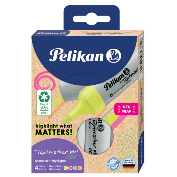 Pelikan Surligneur 490 eco, étui de 4, couleurs fluo