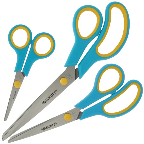 WESTCOTT Ciseaux Easy Grip, set de 3, turquoise/jaune citron
