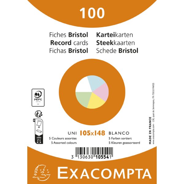EXACOMPTA Fiches bristol, A6, uni, assorti