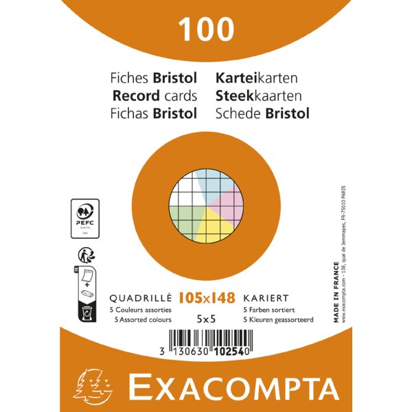 EXACOMPTA Fiches bristol, A6, quadrillé, assorti