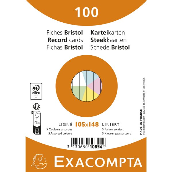 EXACOMPTA Fiches bristol, A6, quadrillé, assorti