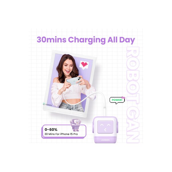 UGREEN Nexode RG 65W 3-Port GaN 35291 2x USB-C,1xUSB-A, Purple