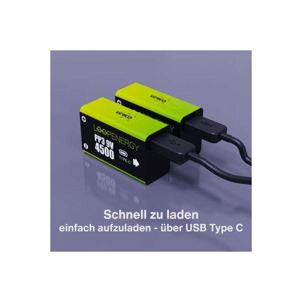 VERICO LoopEnergy Batterie USB-C 1UDBT-A3WEB2 9V/6LR61 (500mAh) 2 pi&egrave;ces